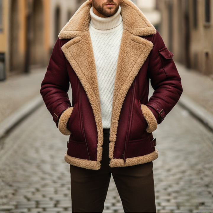 A man in a stylish red shearling jacket, designed for warmth with a structured fit and long sleeves for winter wear.