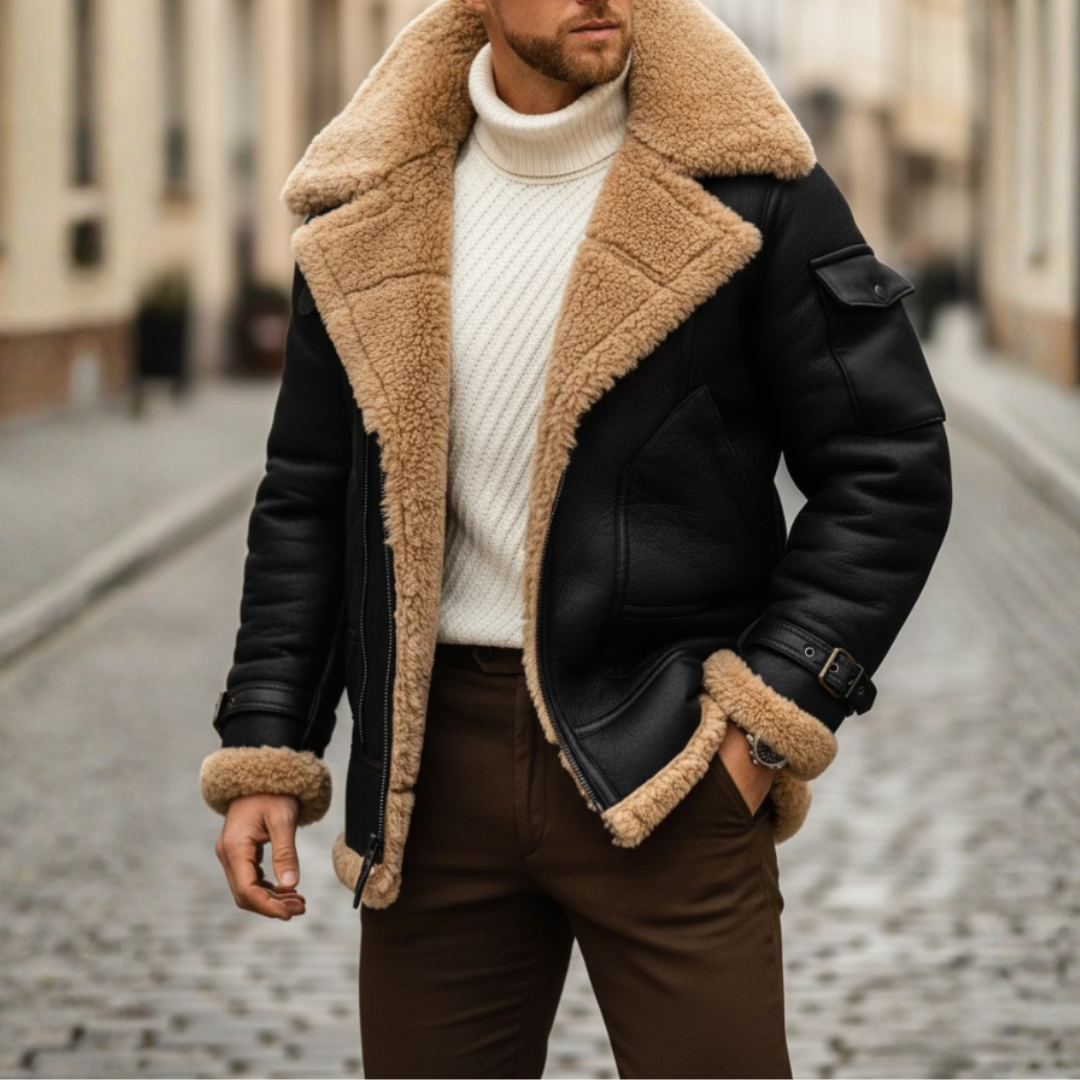 A man in a black and brown shearling jacket, designed for warmth with a structured fit and long sleeves for winter wear.