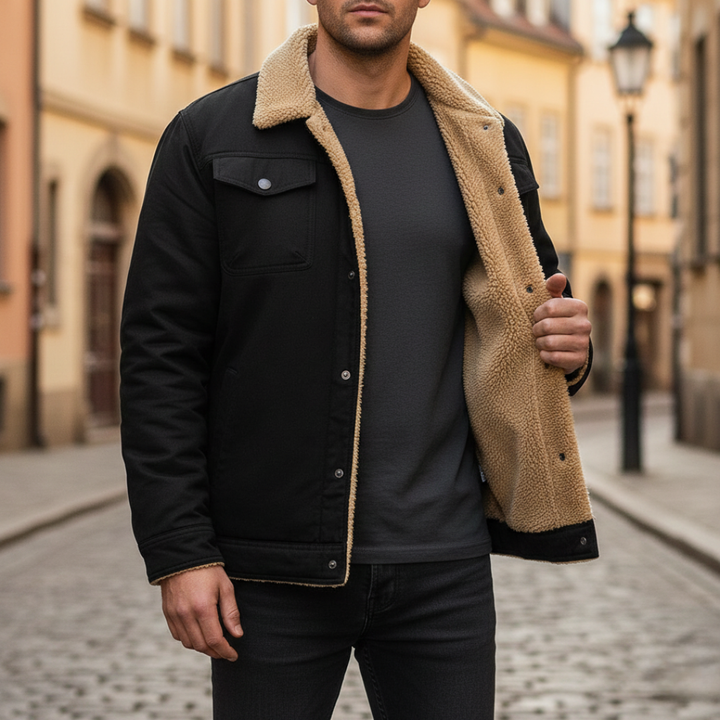 Black men's fleece-lined jacket with a classic shearling collar, ideal for fall and winter, combining style and warmth.