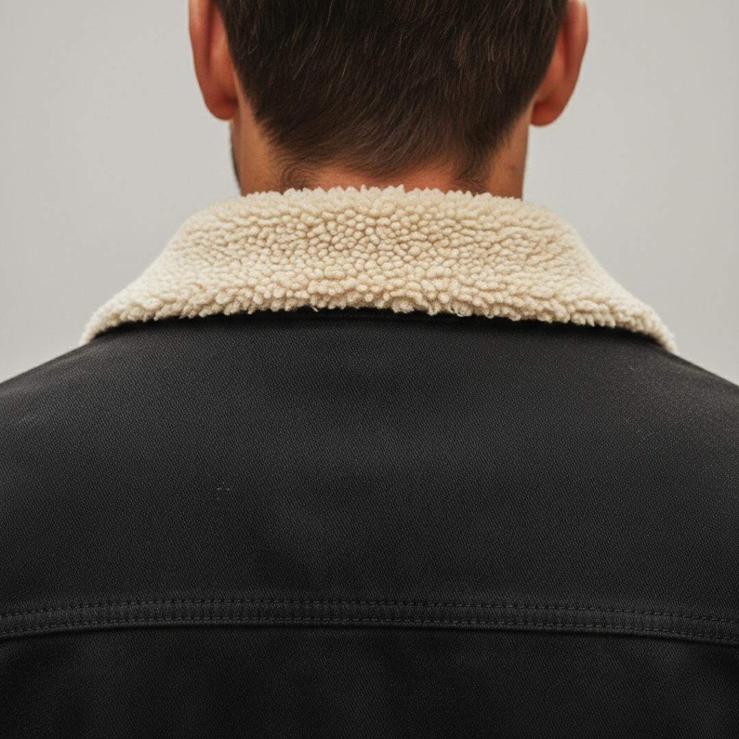 Close-up back details of the black men's fleece-lined jacket with a classic shearling collar, ideal for fall and winter, combining style and warmth.
