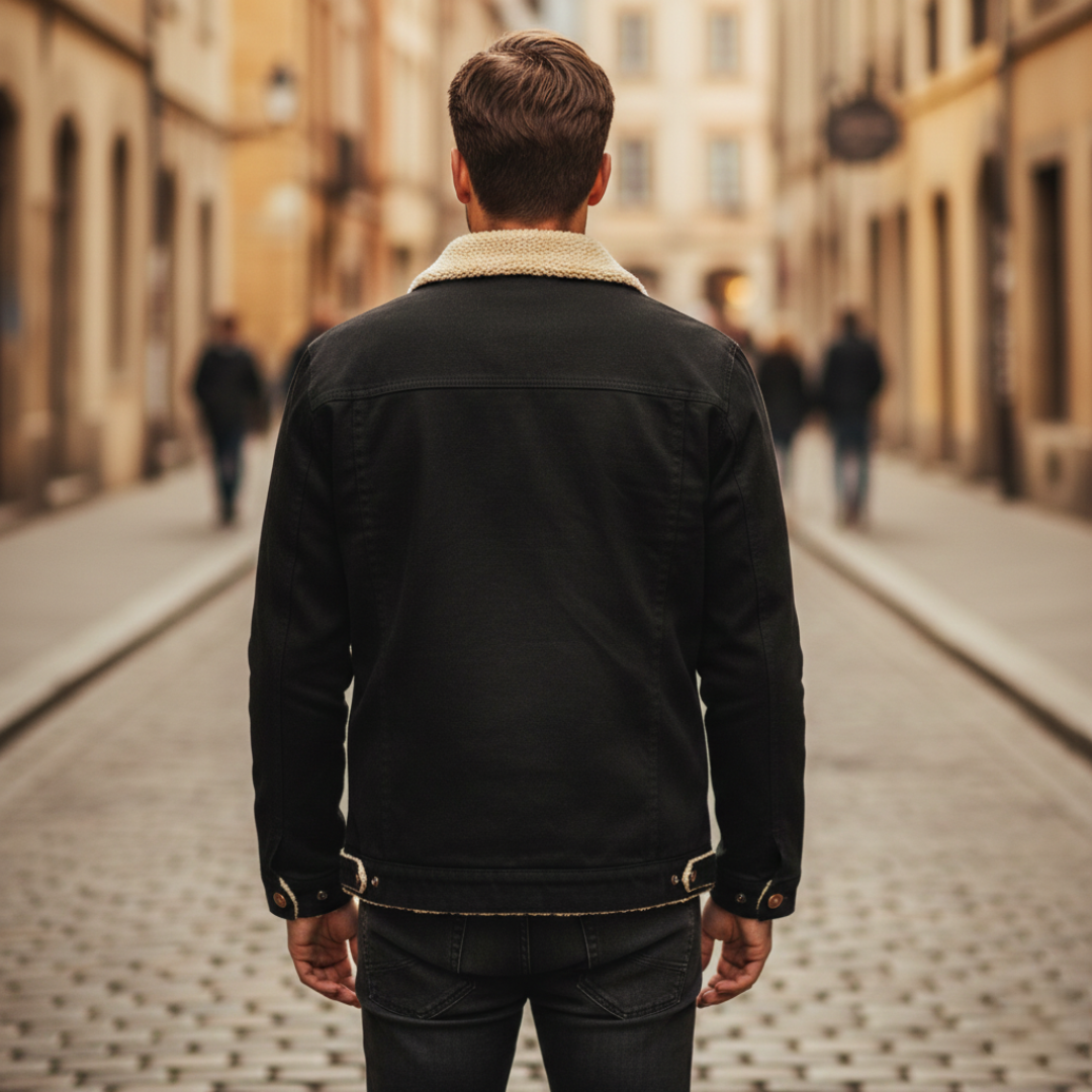 Back details of the black men's fleece-lined jacket with a classic shearling collar, ideal for fall and winter, combining style and warmth.