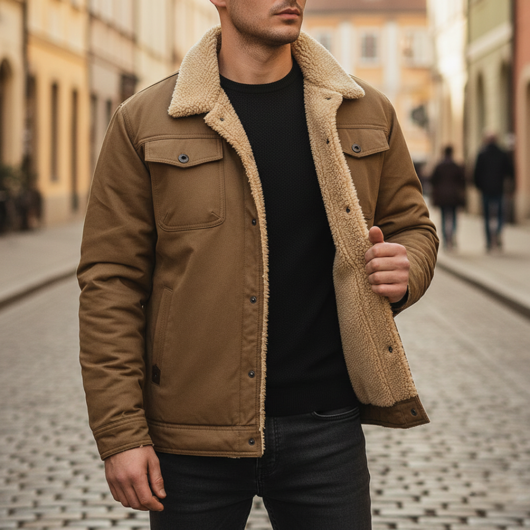 Khaki men's fleece-lined jacket with a classic shearling collar, ideal for fall and winter, combining style and warmth.