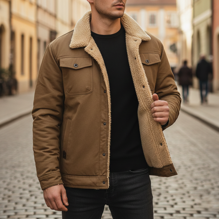 Khaki men's fleece-lined jacket with a classic shearling collar, ideal for fall and winter, combining style and warmth.