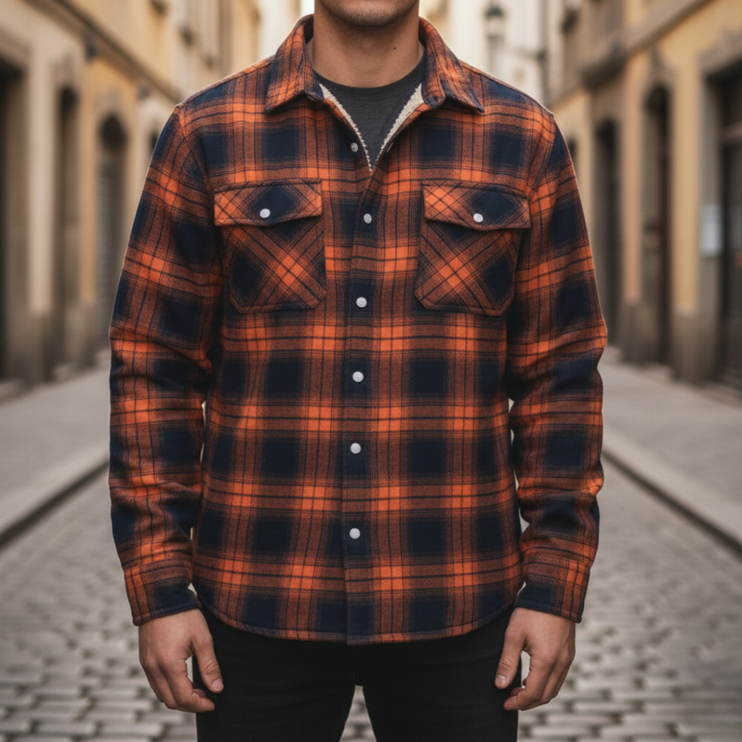  Men's orange and black plaid flannel shirt featuring a soft sherpa lining.