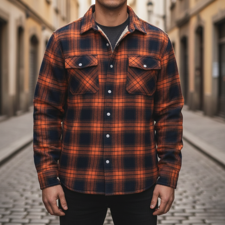  Men's orange and black plaid flannel shirt featuring a soft sherpa lining.