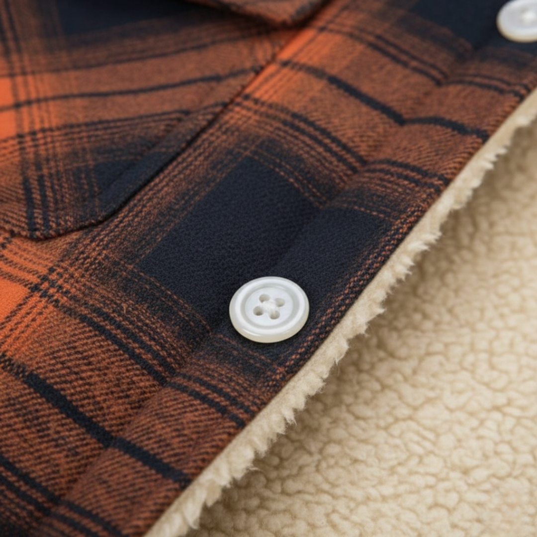  Men's orange and black plaid flannel shirt featuring a soft sherpa lining