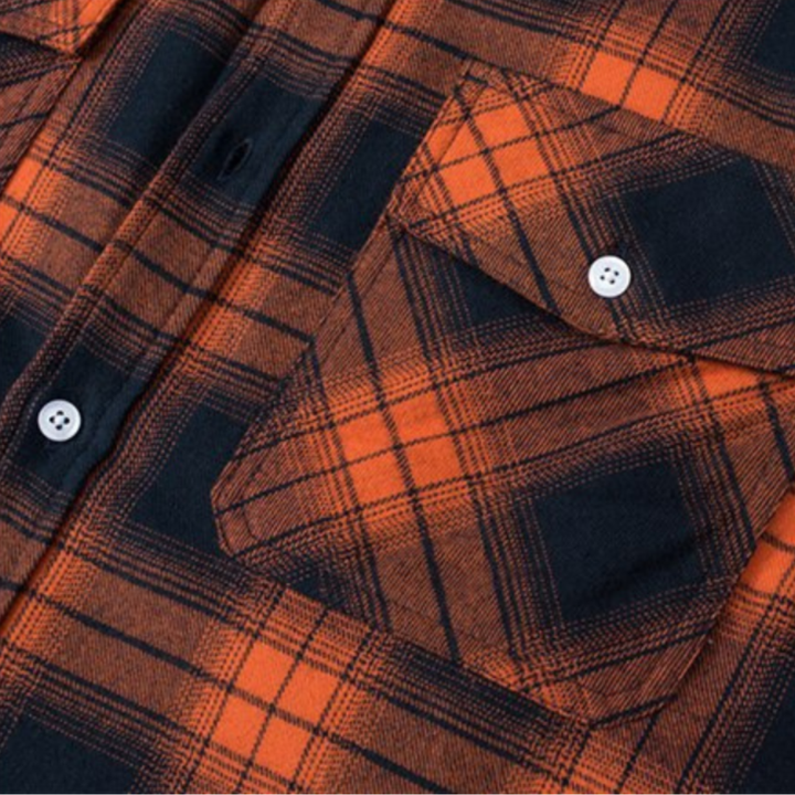  Men's orange and black plaid flannel shirt featuring a soft sherpa lining