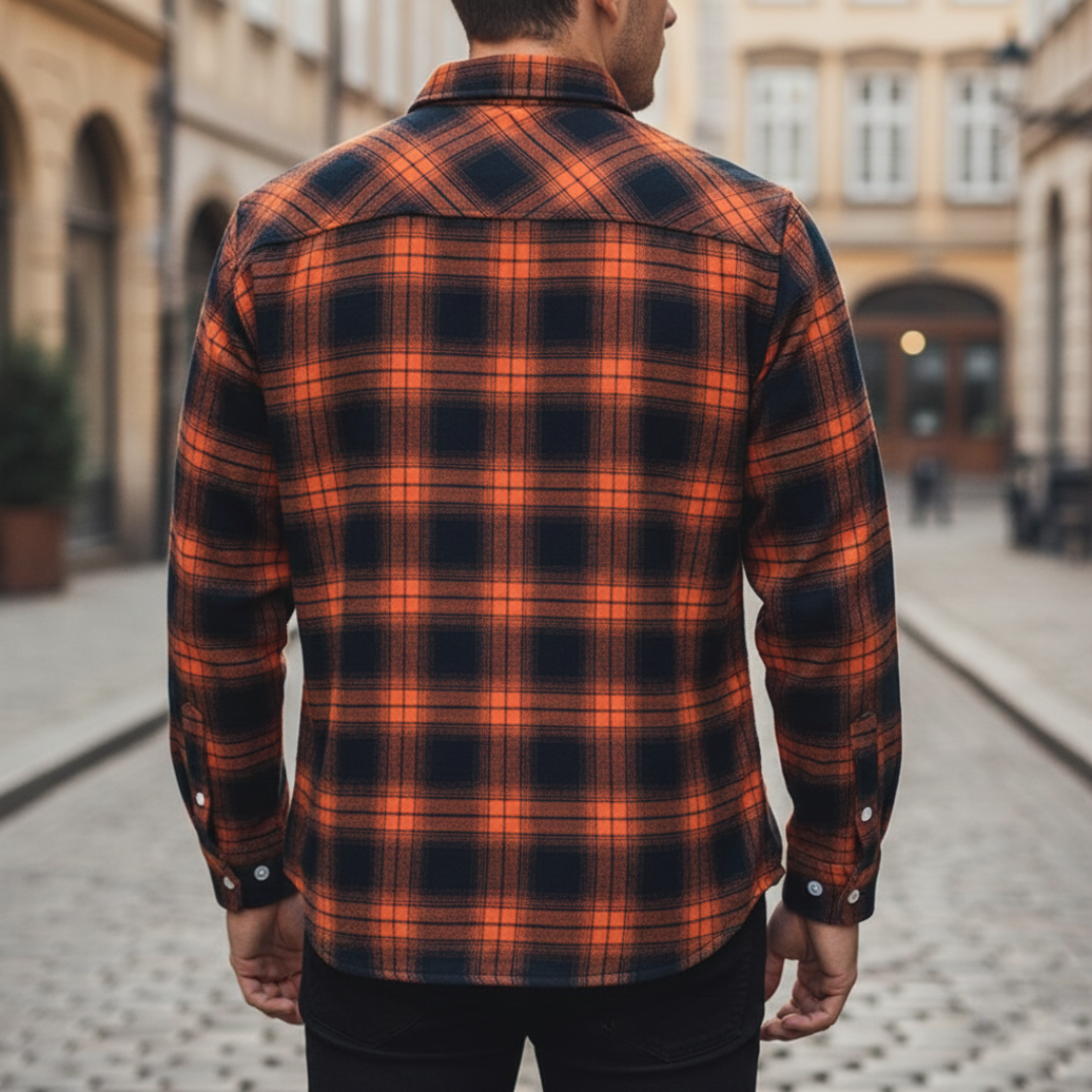  Men's orange and black plaid flannel shirt featuring a soft sherpa lining