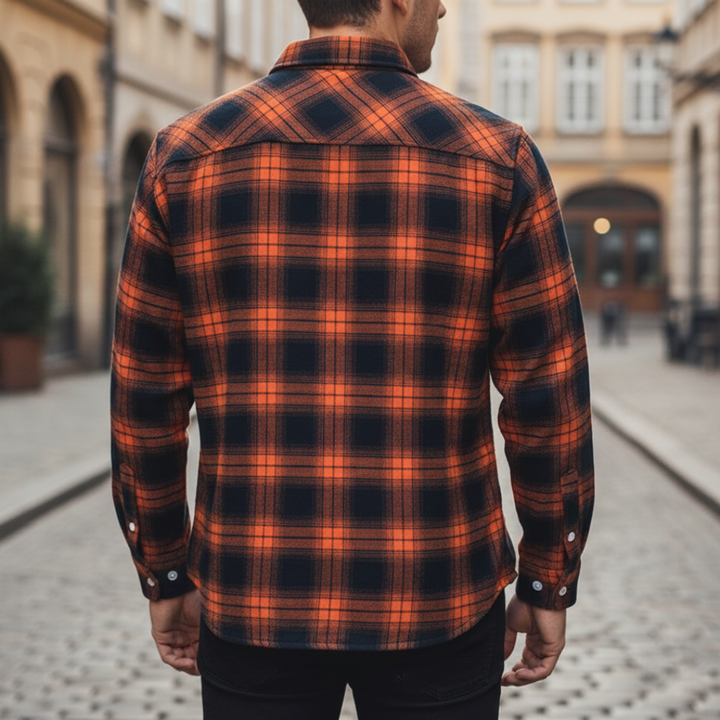  Men's orange and black plaid flannel shirt featuring a soft sherpa lining