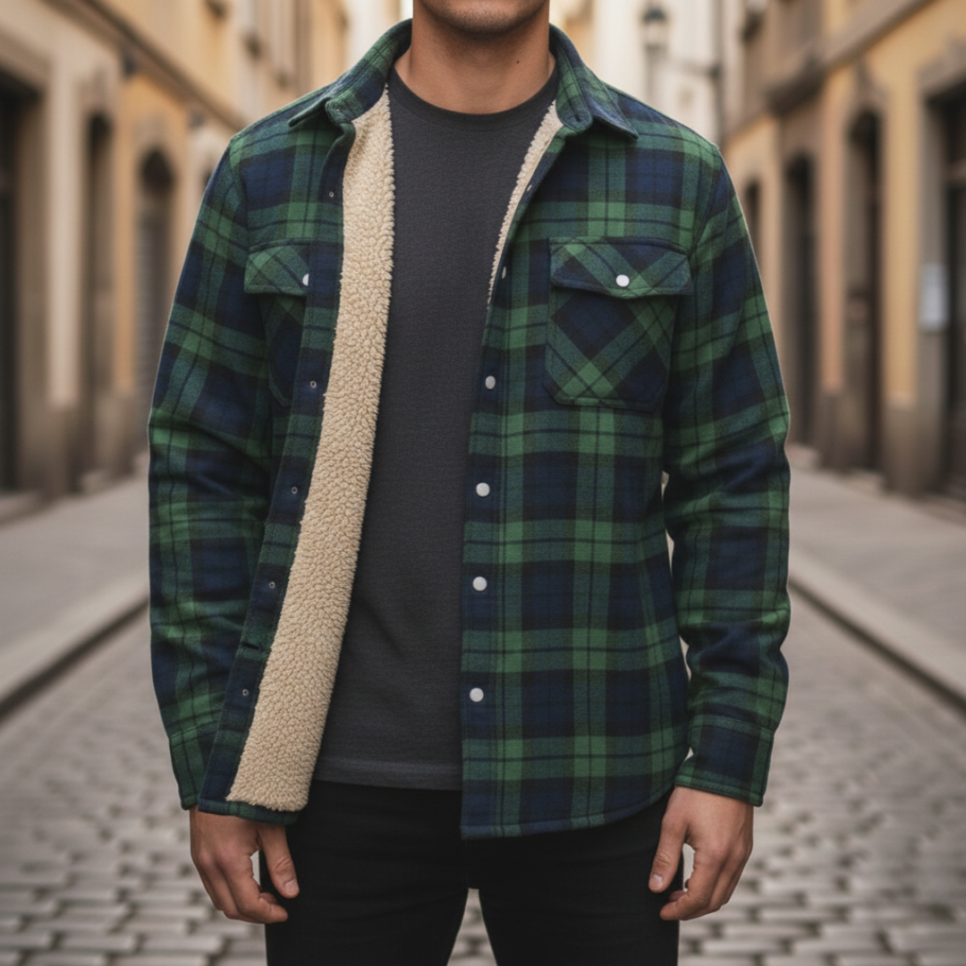  Men's green plaid flannel shirt featuring a soft sherpa lining