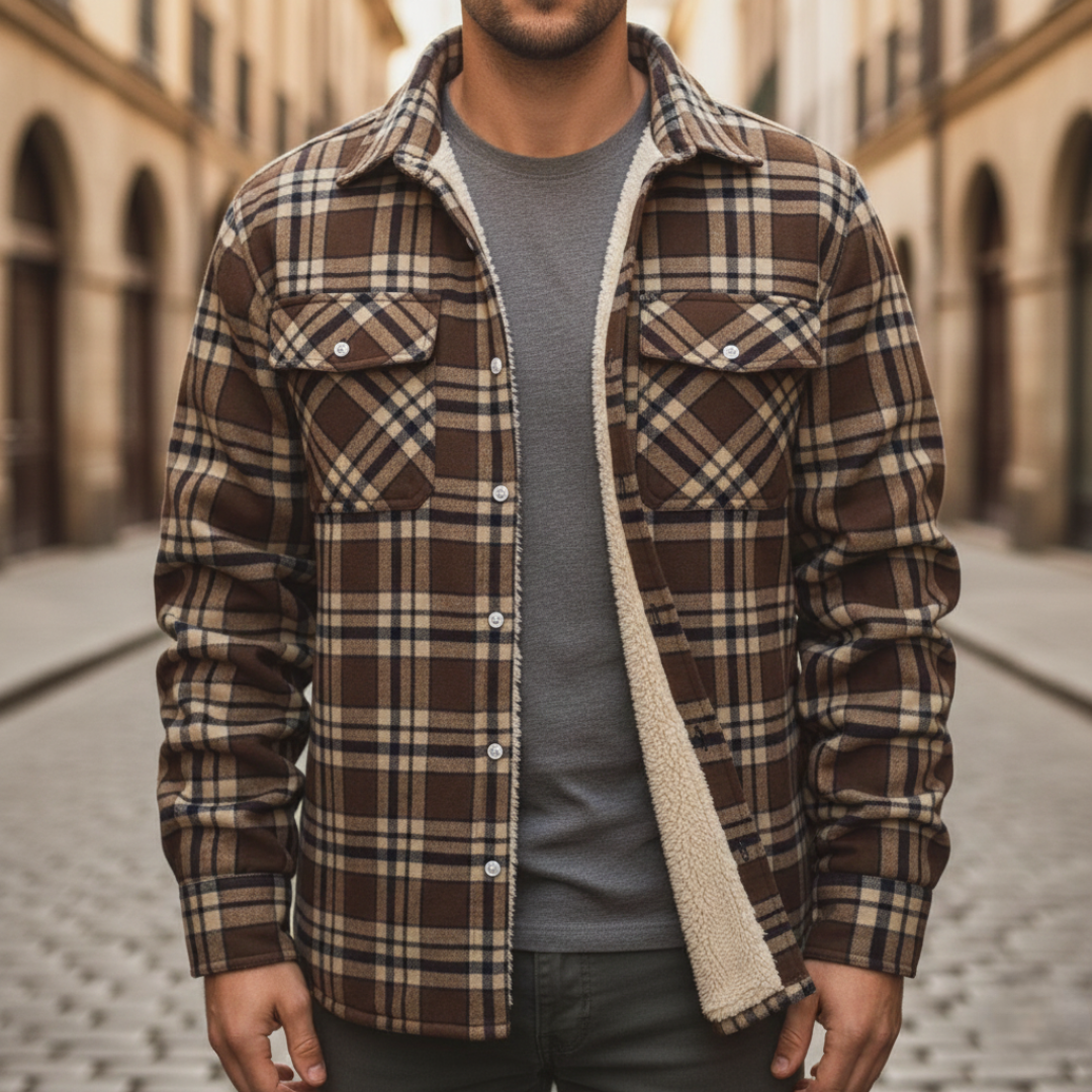  Men's brown plaid flannel shirt featuring a soft sherpa lining