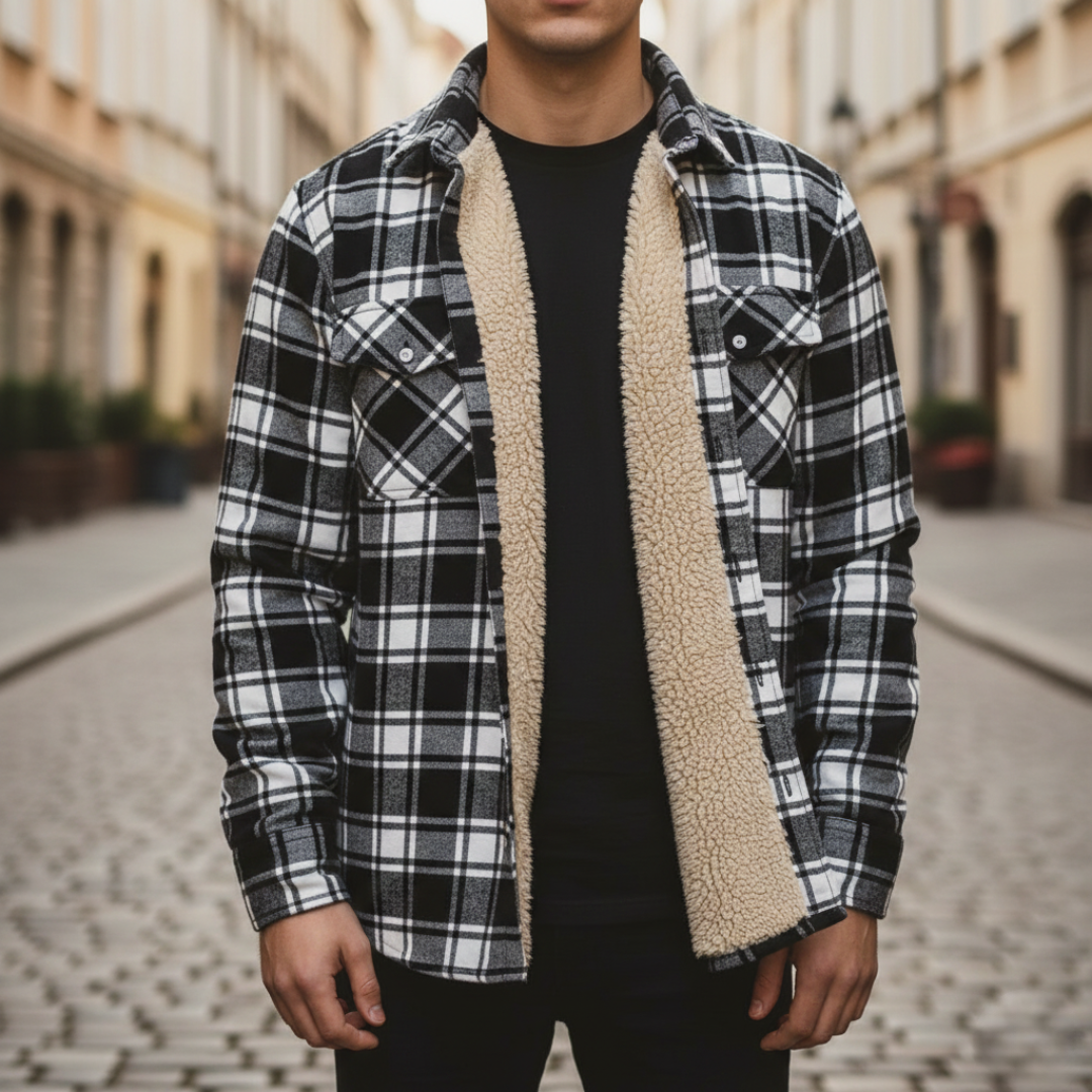  Men's white and black plaid flannel shirt featuring a soft sherpa lining
