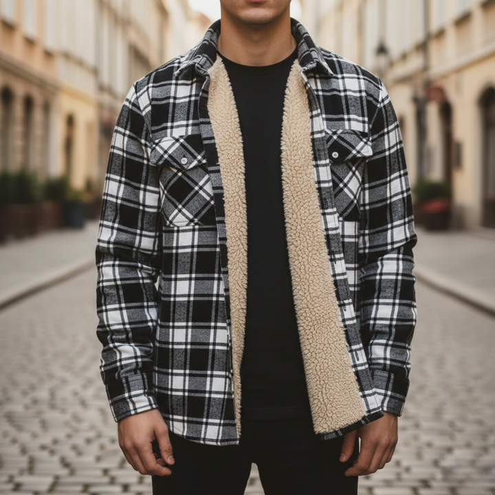  Men's white and black plaid flannel shirt featuring a soft sherpa lining