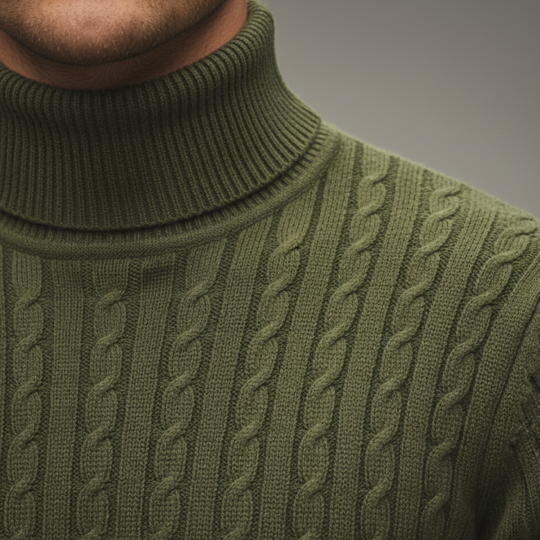 Green cable-knit turtleneck sweater, hip length, long sleeves, good for fall and winter.