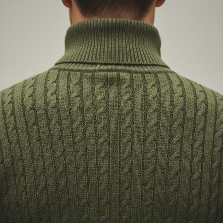 Green cable-knit turtleneck sweater, hip length, long sleeves, good for fall and winter.