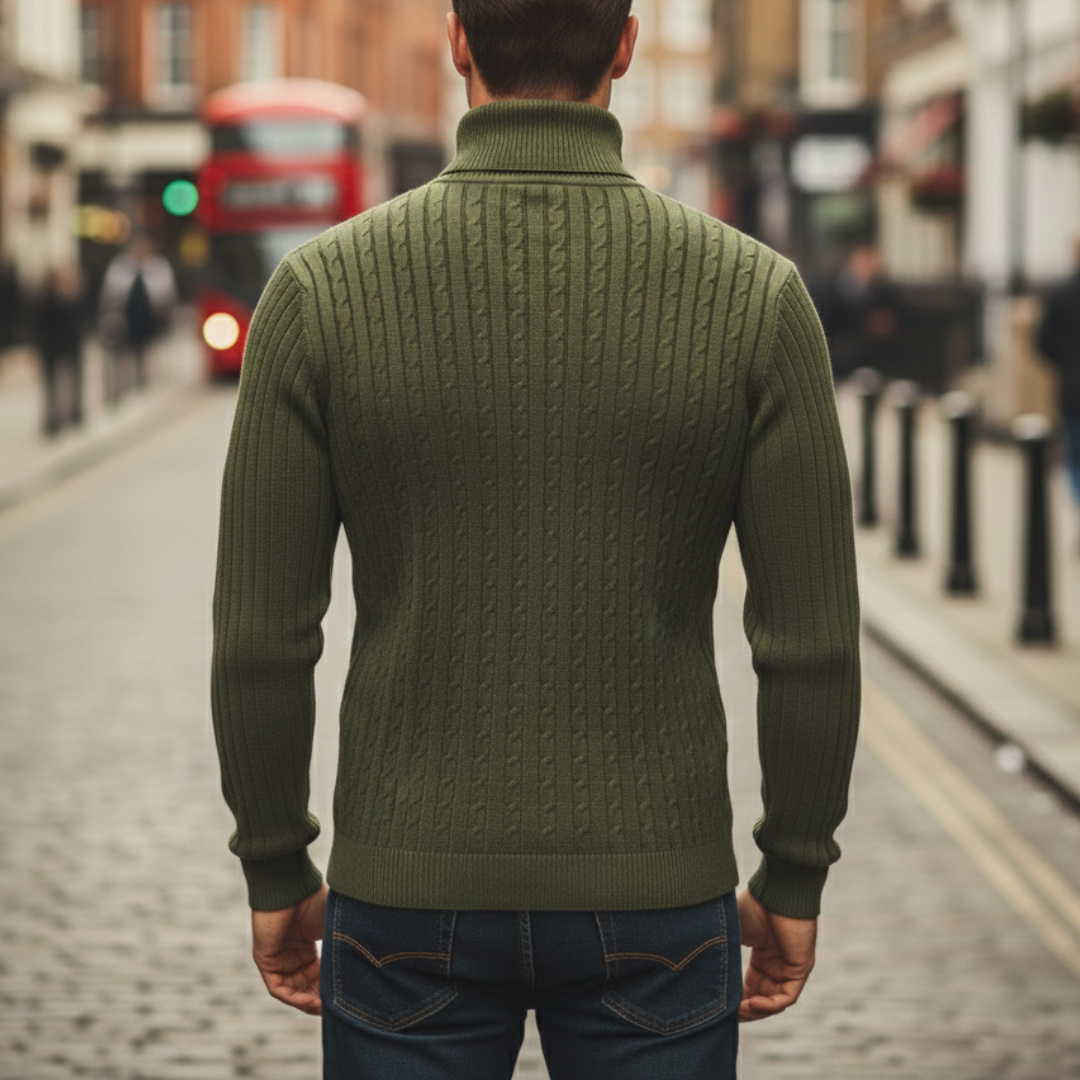 Green cable-knit turtleneck sweater, hip length, long sleeves, good for fall and winter.