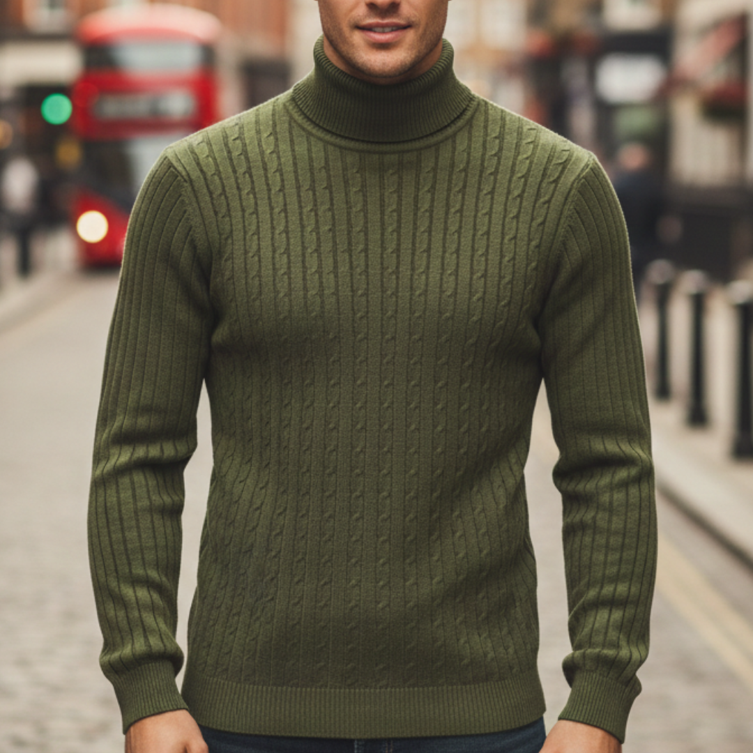 Green cable-knit turtleneck sweater, hip length, long sleeves, good for fall and winter.