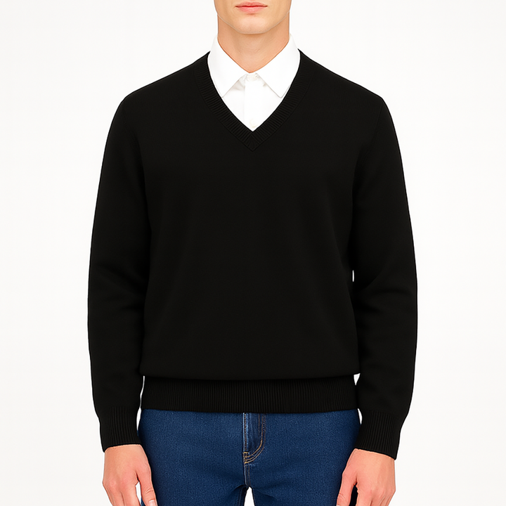 V-neck jumper with ribbed neckline, cuffs, and hem.