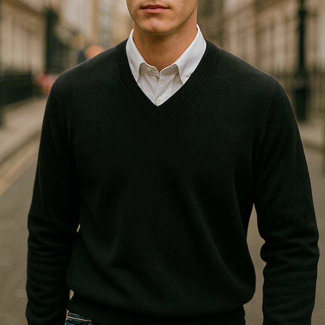 V-neck jumper with ribbed neckline, cuffs, and hem.