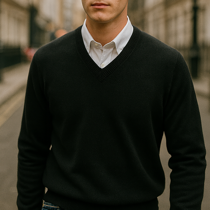 V-neck jumper with ribbed neckline, cuffs, and hem.