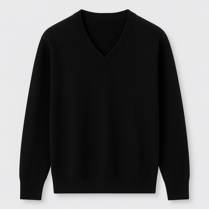 V-neck jumper with ribbed neckline, cuffs, and hem.