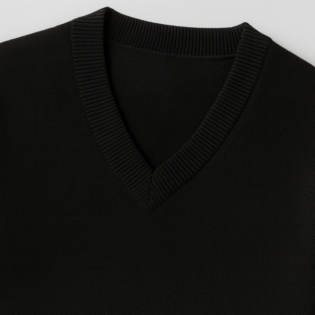 V-neck jumper with ribbed neckline, cuffs, and hem.