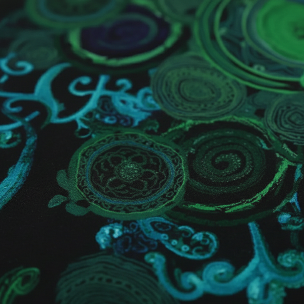 A woman models a midi dress with a  abstract patterns, good for transitional seasons.