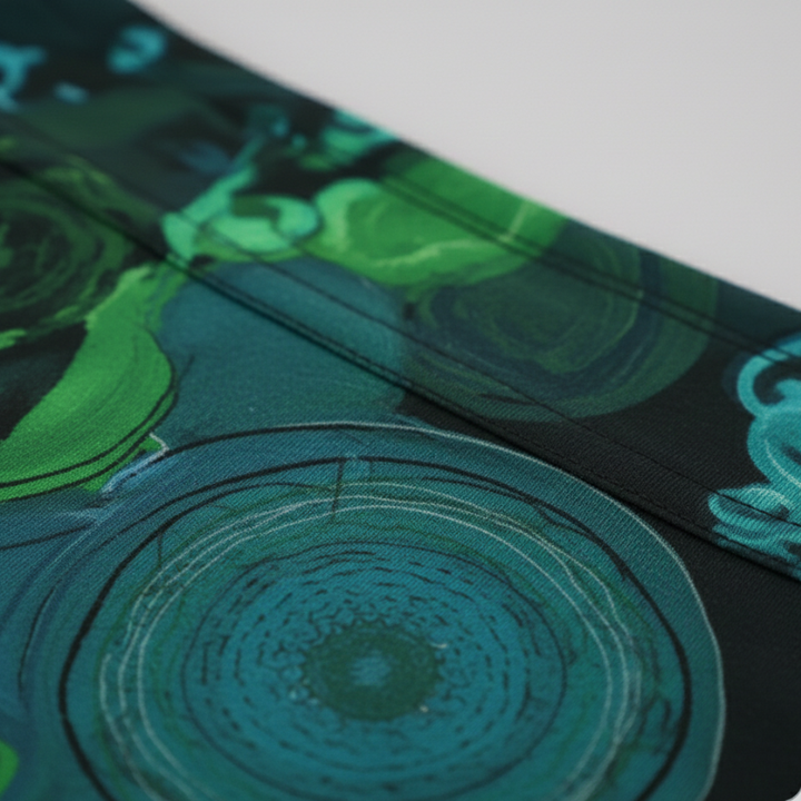 A woman models a midi dress with a  abstract patterns, good for transitional seasons.