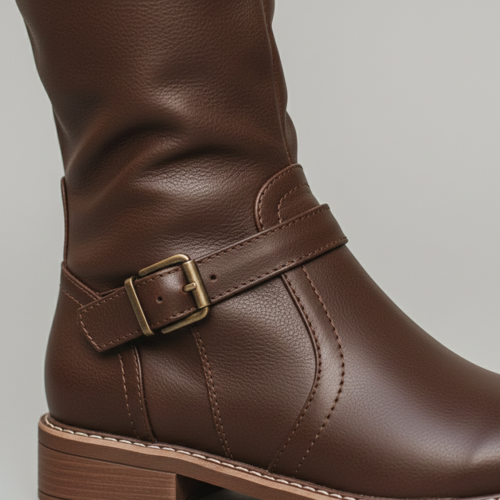 Stylish women's riding boots with buckles, knee-height, and zip closure, ideal for transitional dressing in fall and spring.