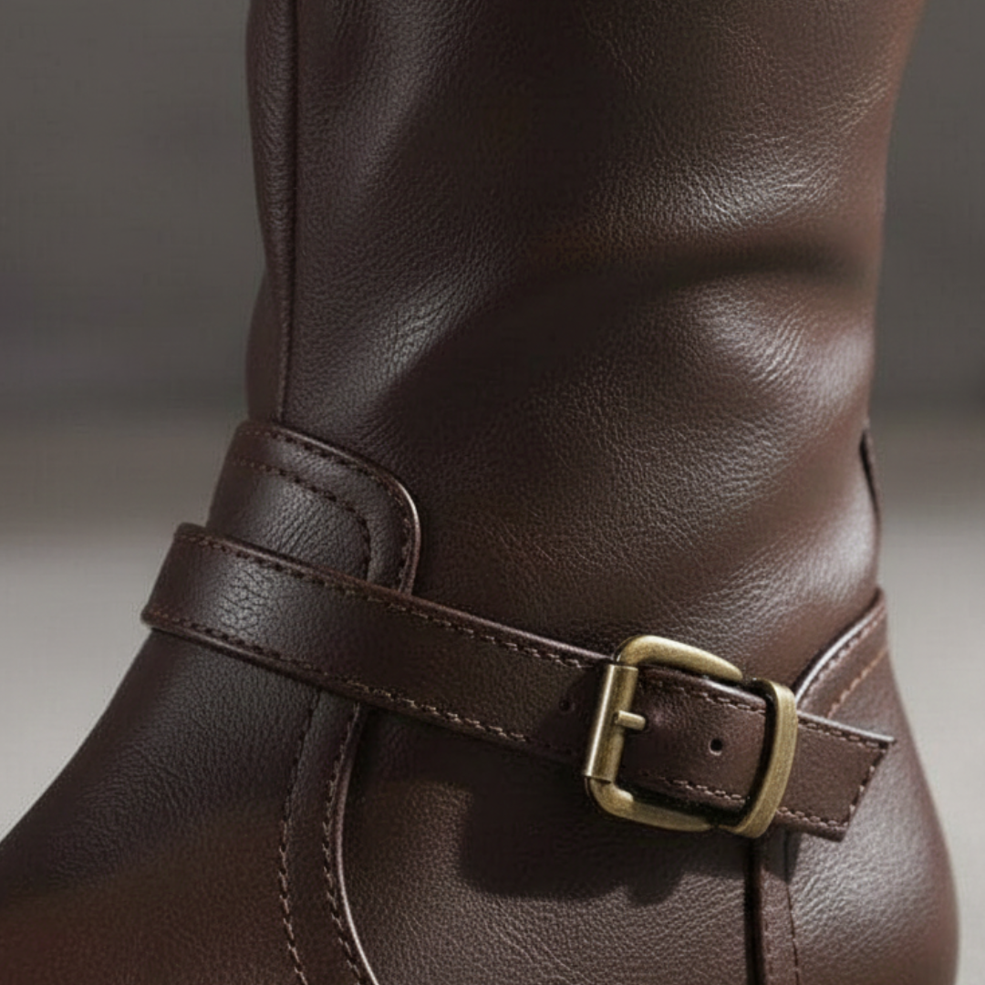 Stylish women's riding boots with buckles, knee-height, and zip closure, ideal for transitional dressing in fall and spring.