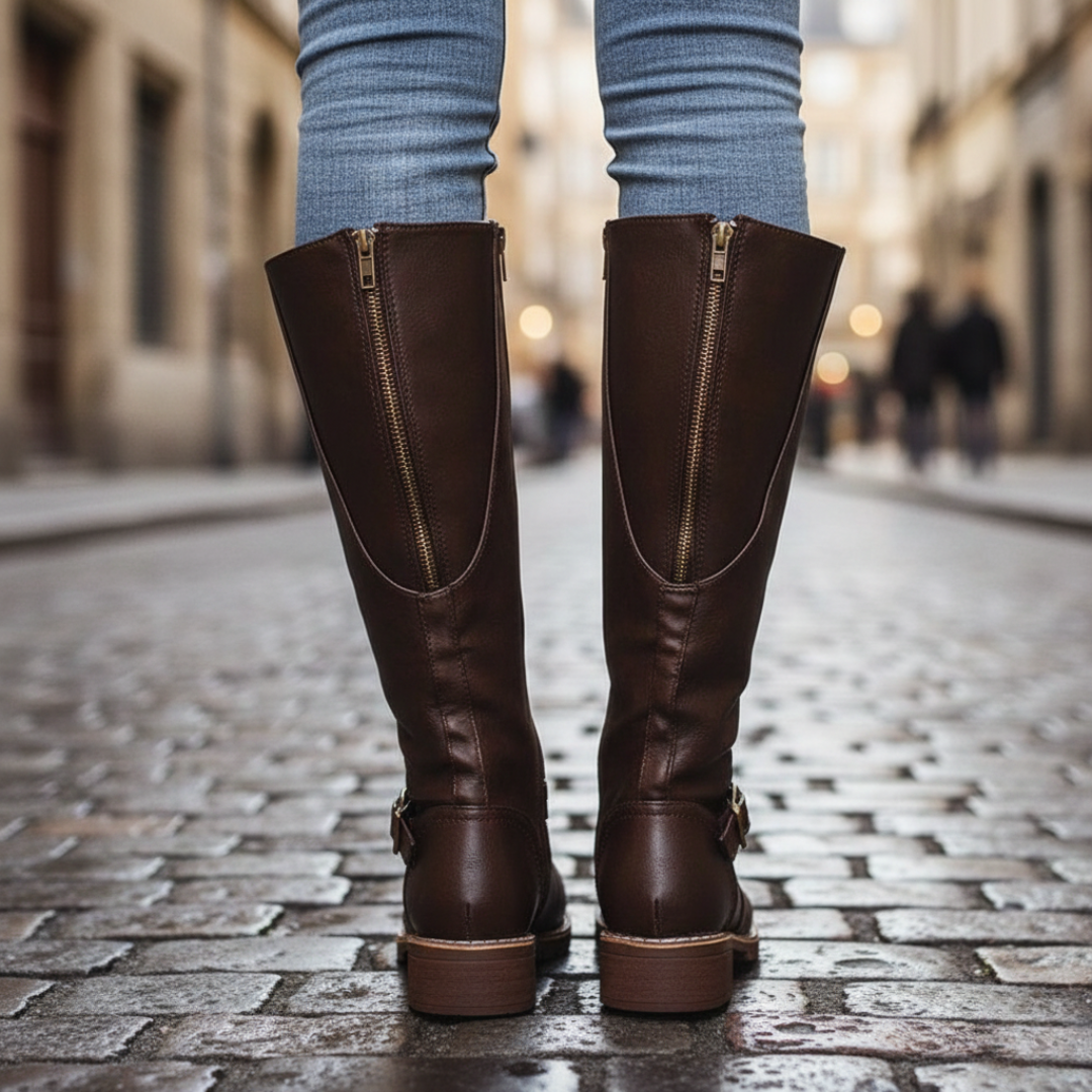 Stylish women's riding boots with buckles, knee-height, and zip closure, ideal for transitional dressing in fall and spring.