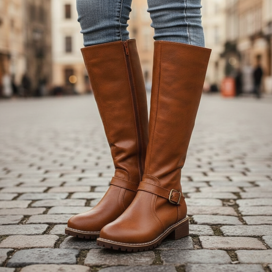 Stylish women's riding boots with buckles, knee-height, and zip closure, ideal for transitional dressing in fall and spring.