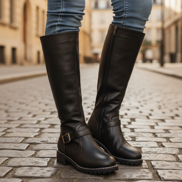 Stylish women's riding boots with buckles, knee-height, and zip closure, ideal for transitional dressing in fall and spring.