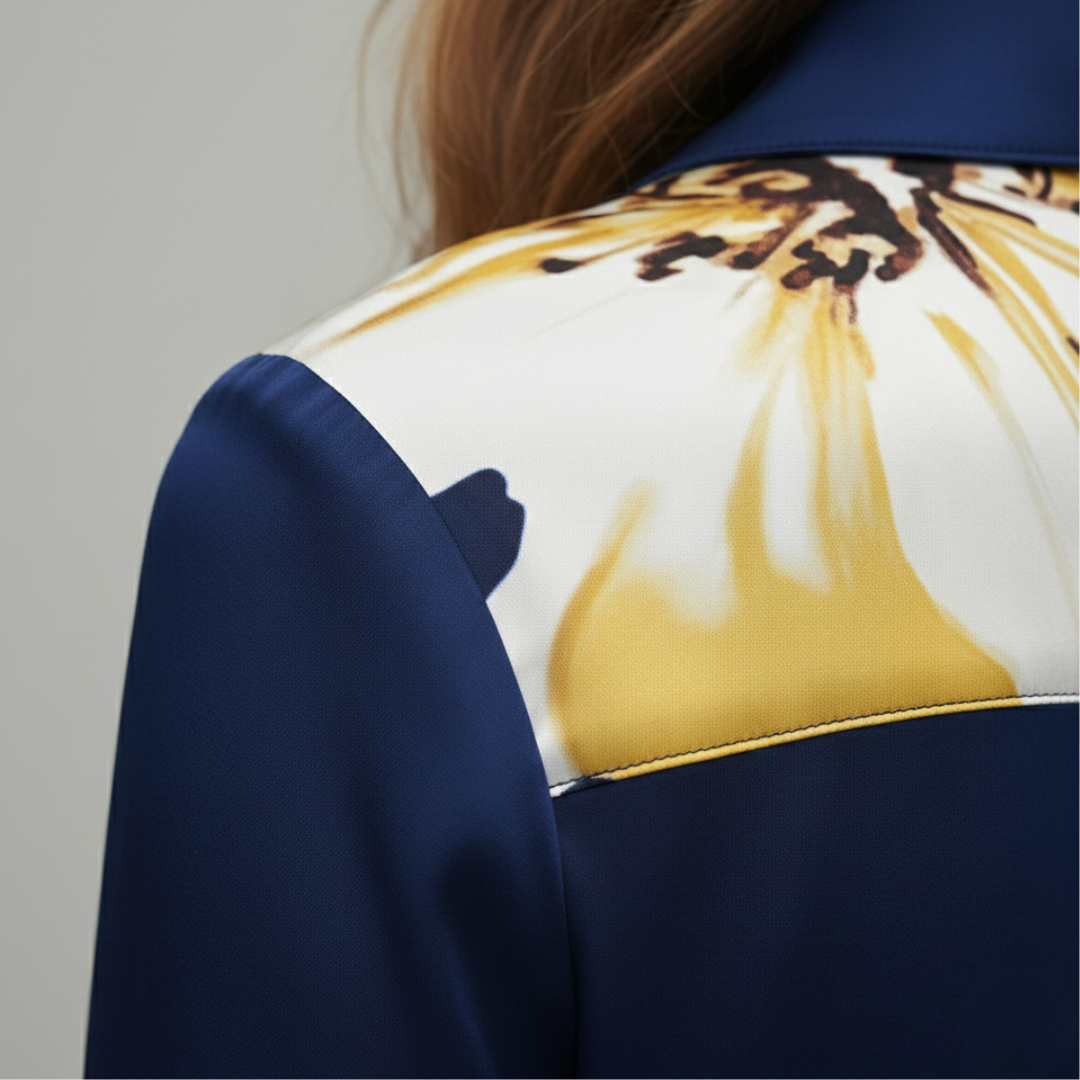 Close-up back details of a woman in a blue blouse with yellow flowers, featuring a cowl neckline and long sleeves.