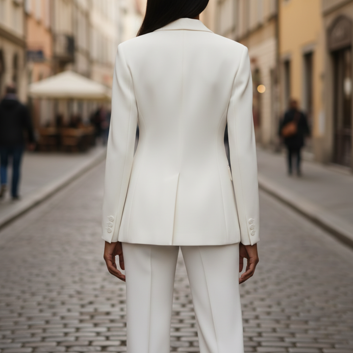 Back details of white two-piece suit with a notched lapel jacket and flared trousers, perfect for formal or elevated everyday wear.