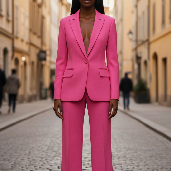 Pink two-piece suit with a notched lapel jacket and flared trousers, perfect for formal or elevated everyday wear.