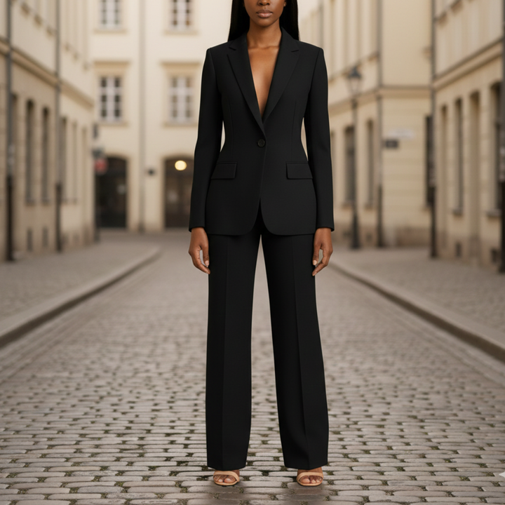 Black two-piece suit with a notched lapel jacket and flared trousers, perfect for formal or elevated everyday wear.