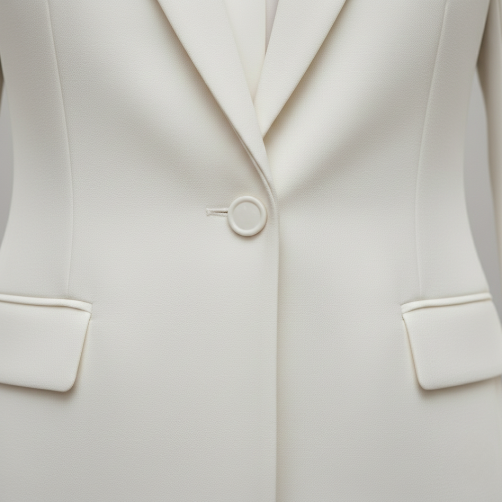 Close up details of white two-piece suit with a notched lapel jacket and flared trousers, perfect for formal or elevated everyday wear.