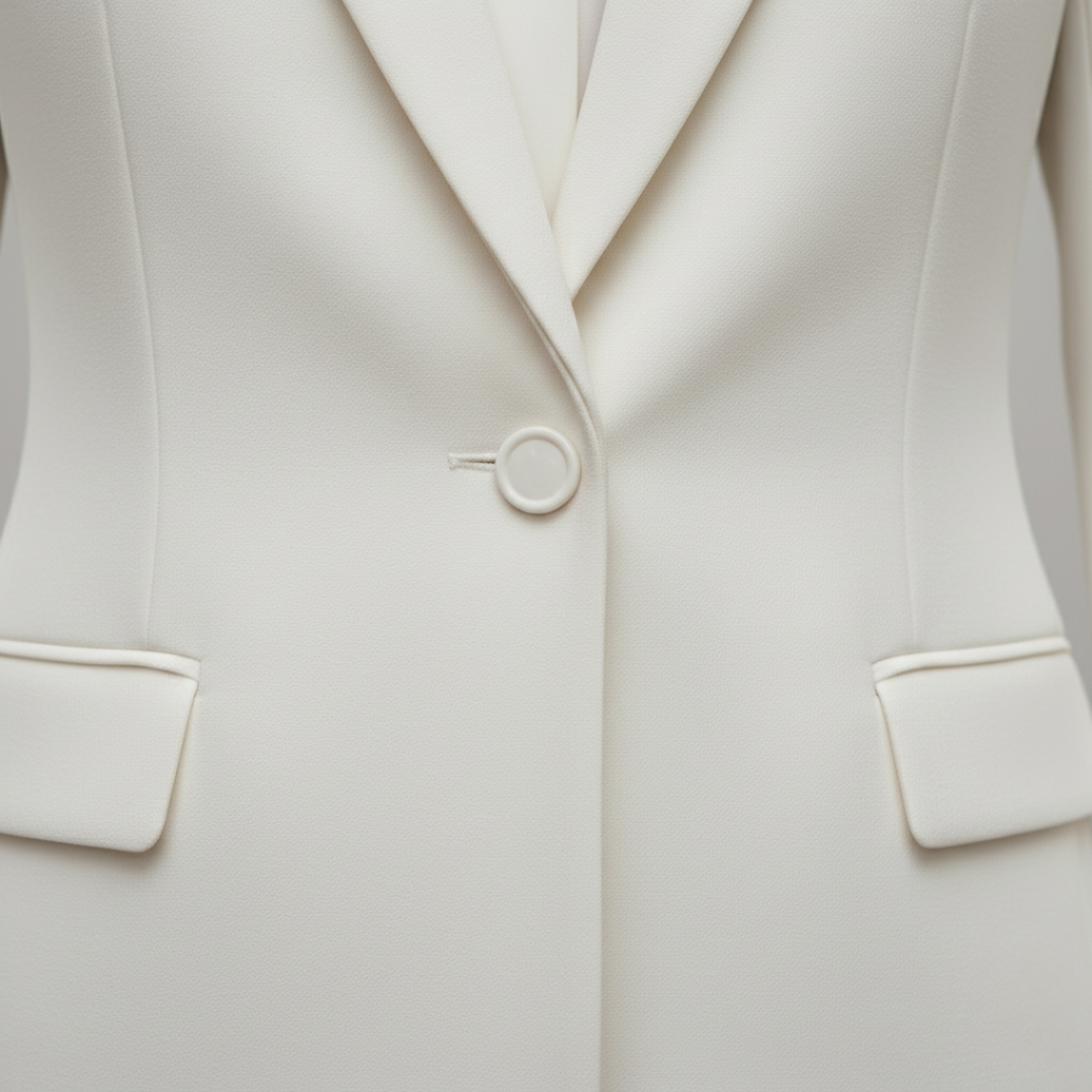 Close up details of white two-piece suit with a notched lapel jacket and flared trousers, perfect for formal or elevated everyday wear.