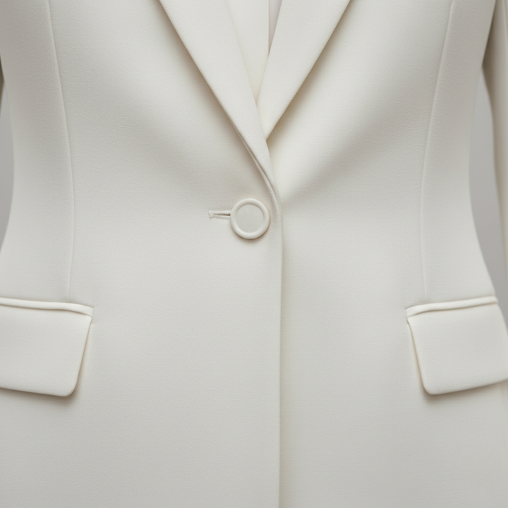 Close up details of white two-piece suit with a notched lapel jacket and flared trousers, perfect for formal or elevated everyday wear.