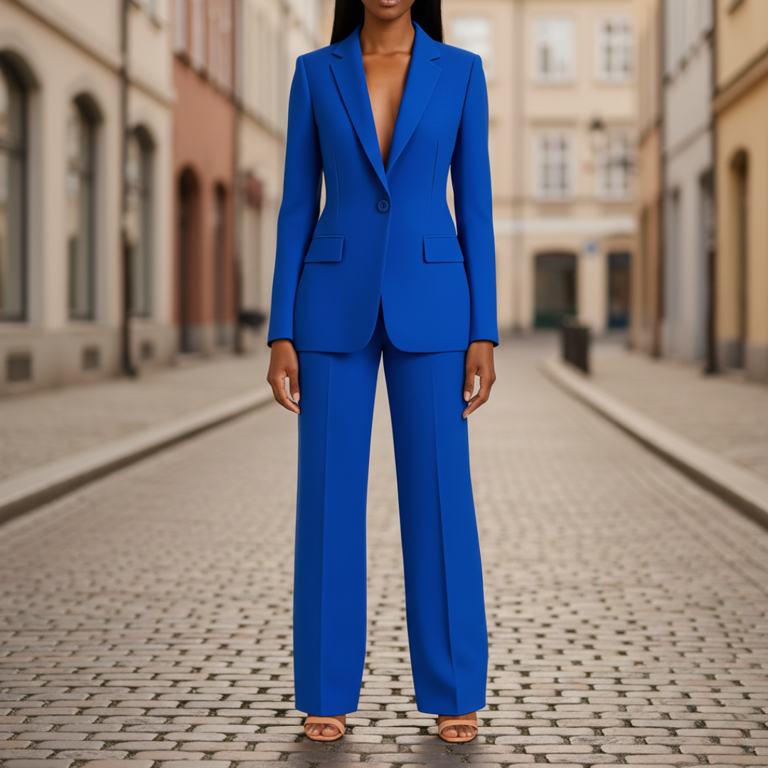 Blue two-piece suit with a notched lapel jacket and flared trousers, perfect for formal or elevated everyday wear.