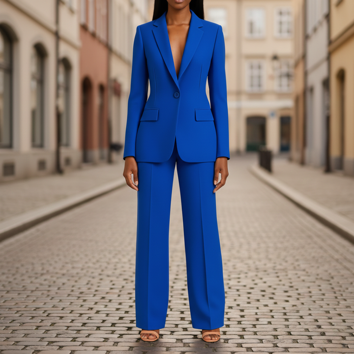Blue two-piece suit with a notched lapel jacket and flared trousers, perfect for formal or elevated everyday wear.