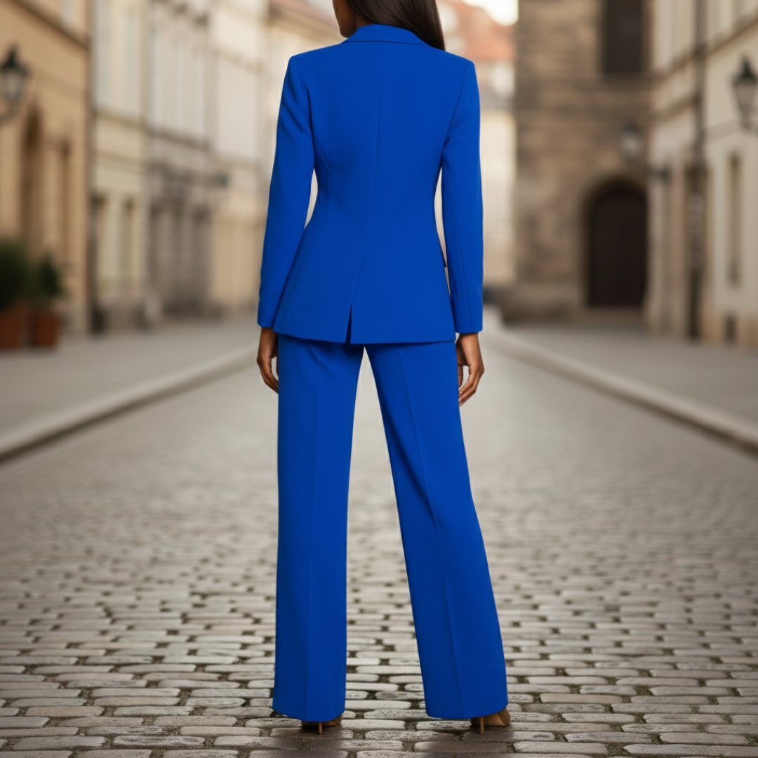 Back-up details of a fitted blue suit with a structured blazer and wide-leg trousers.