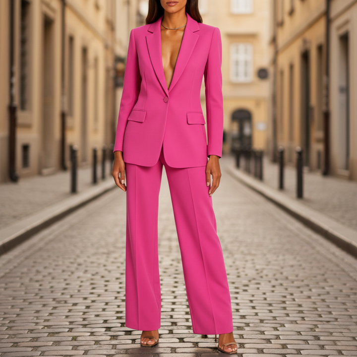 A woman in a fitted blue suit with a structured blazer and wide-leg trousers.