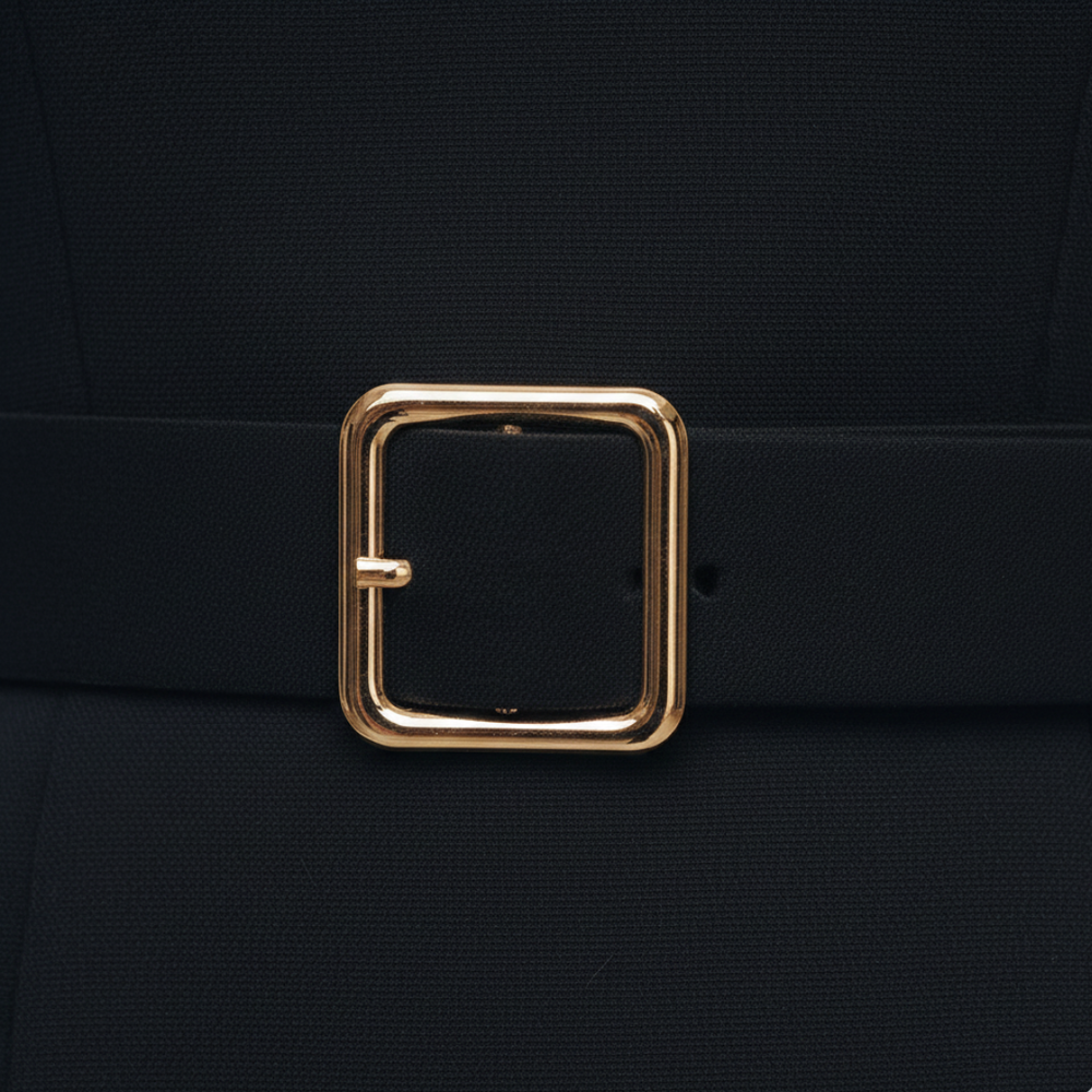 Woman in a sleek black midi dress with a structured V-collar, standing on a cobblestone street.