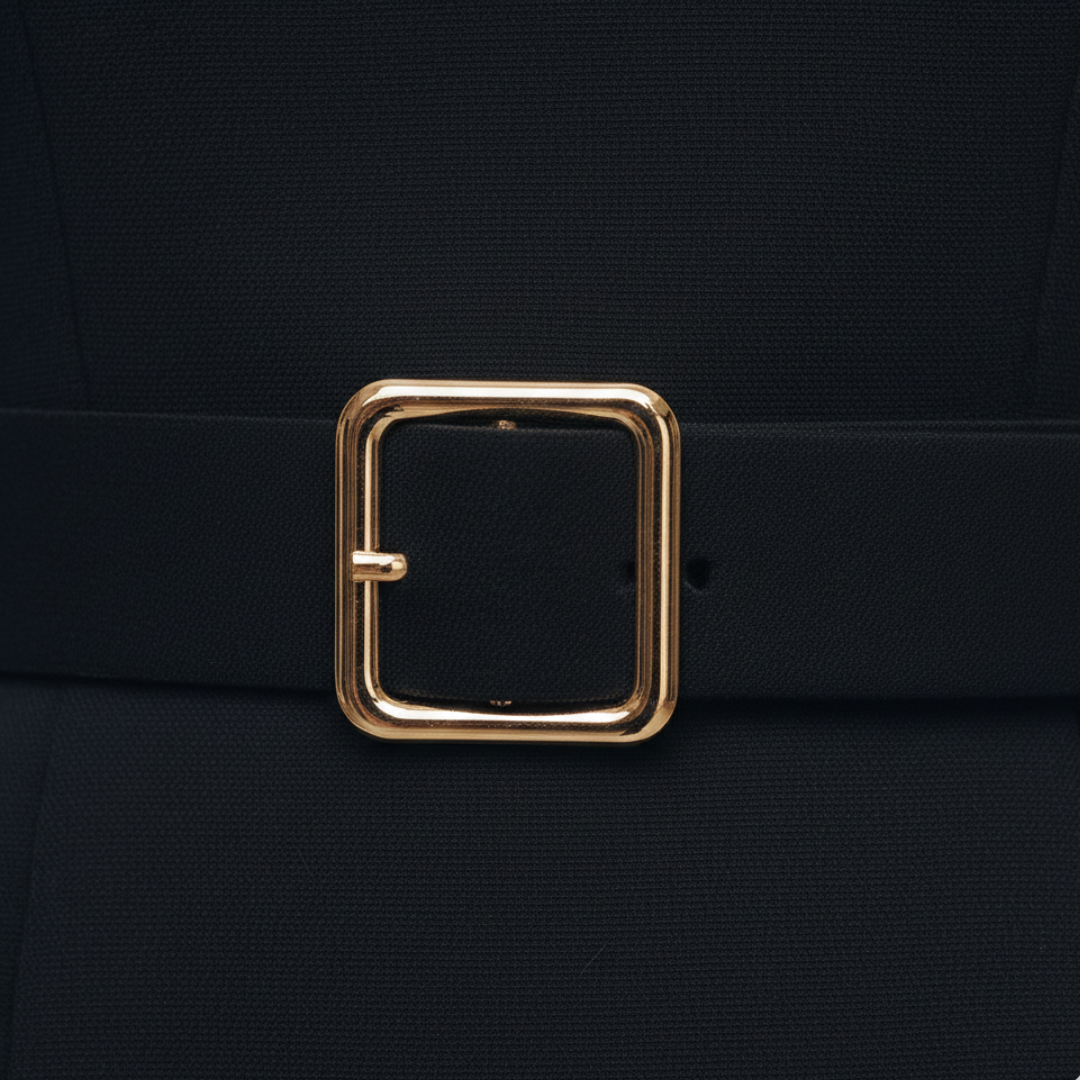 Woman in a sleek black midi dress with a structured V-collar, standing on a cobblestone street.