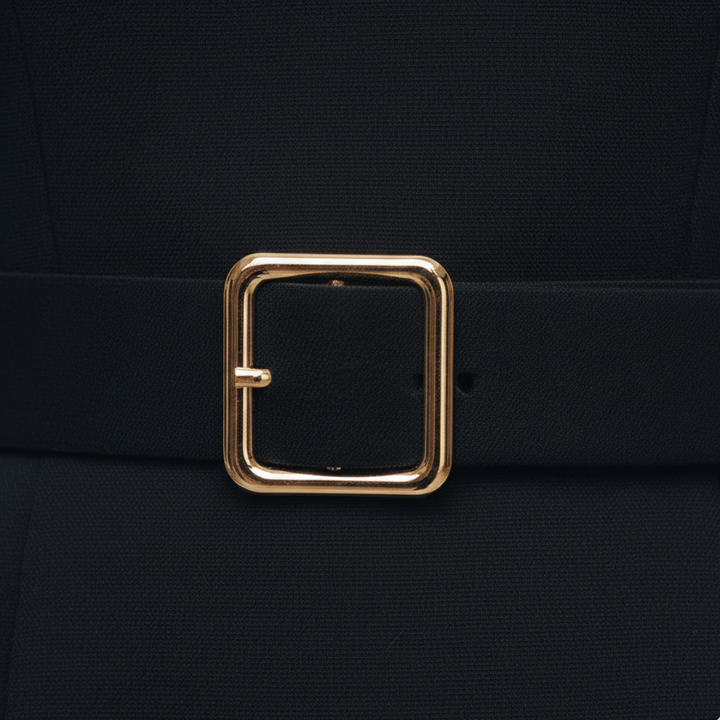 Woman in a sleek black midi dress with a structured V-collar, standing on a cobblestone street.