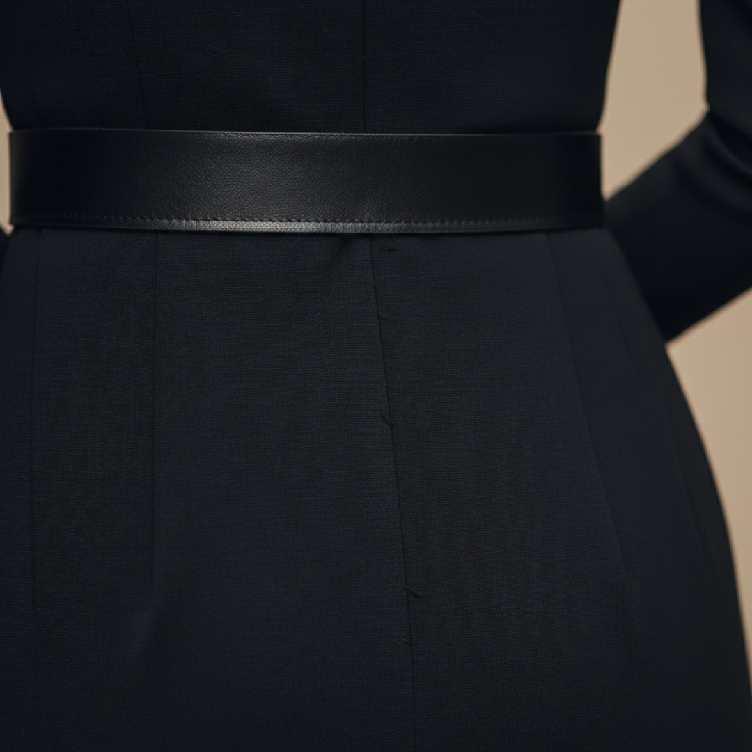 Woman in a sleek black midi dress with a structured V-collar, standing on a cobblestone street.