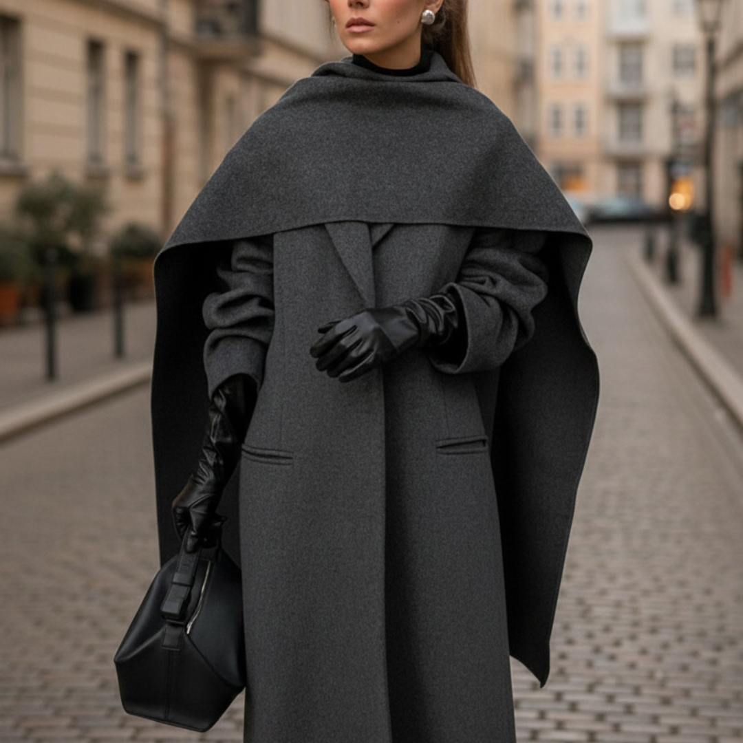 a gray long coat with a cape overlay and structured neckline, embodying refined style for fall and winter