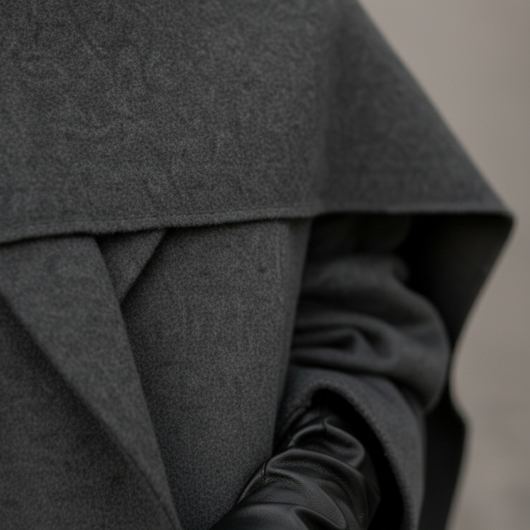 a brown long coat with a cape overlay and structured neckline, embodying refined style for fall and winter